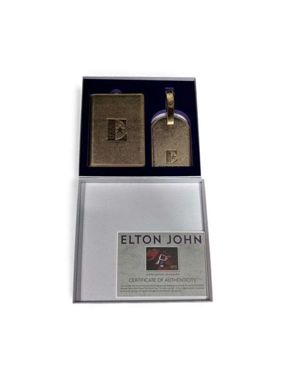 Elton John Gold Passport Holder & Luggage Tag Set w/ COA